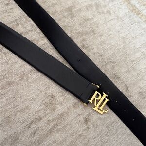 Ralph Lauren Black Leather Belt with Gold RLL Logo Buckle